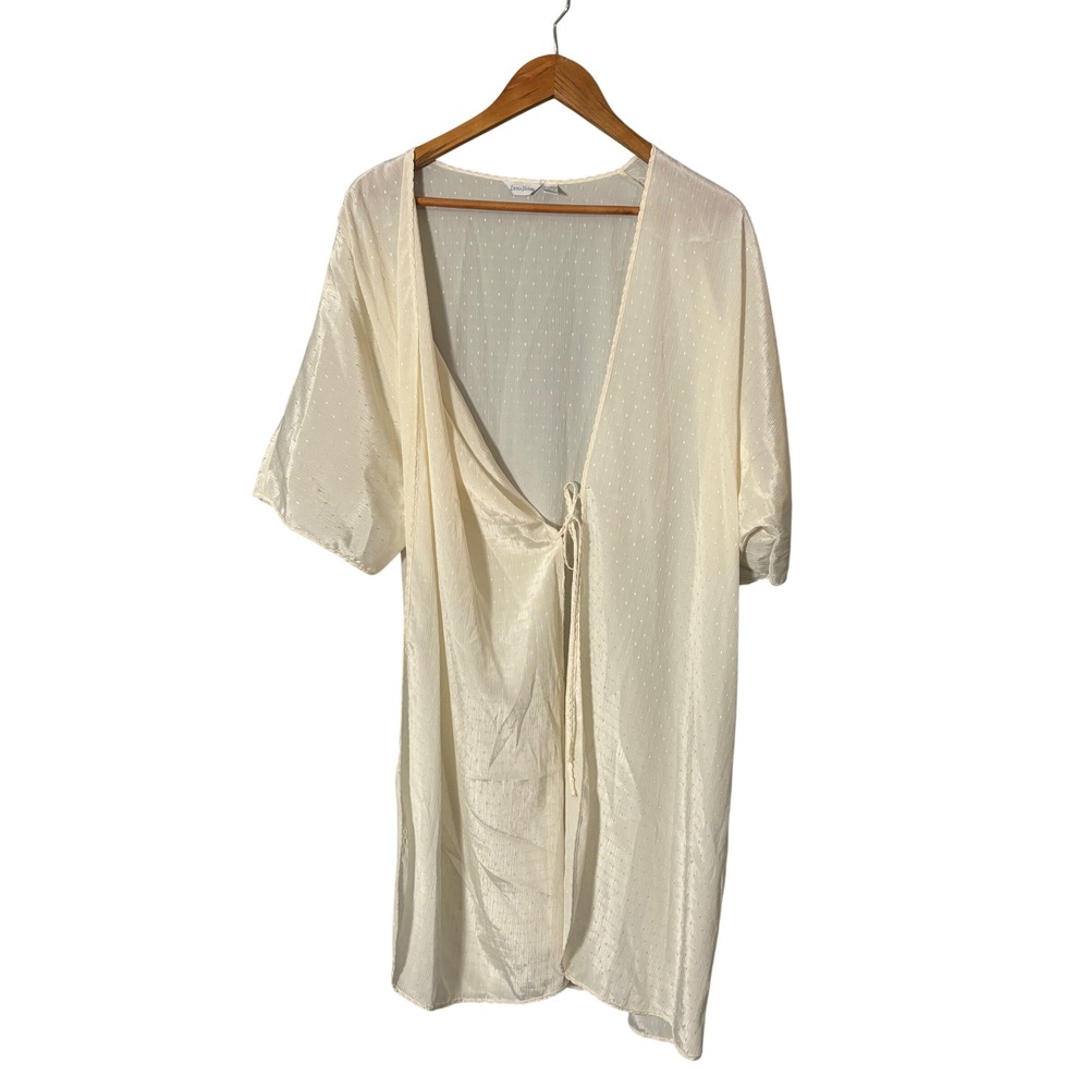 Erika Taylor Cream Swiss Dot Satin Robe Front Tie Lingerie Loungewear‎ Large